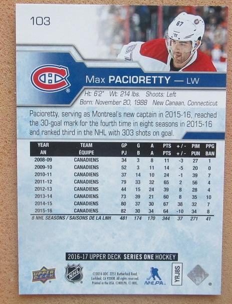 НХЛ Макс Пачиоретти Монреаль Канадиенс № 103 1