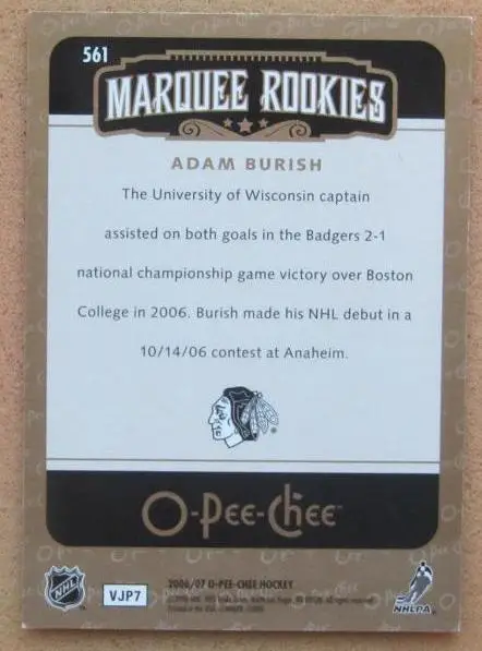 НХЛ Адам Буриш Чикаго Блэкхокс № 561 1