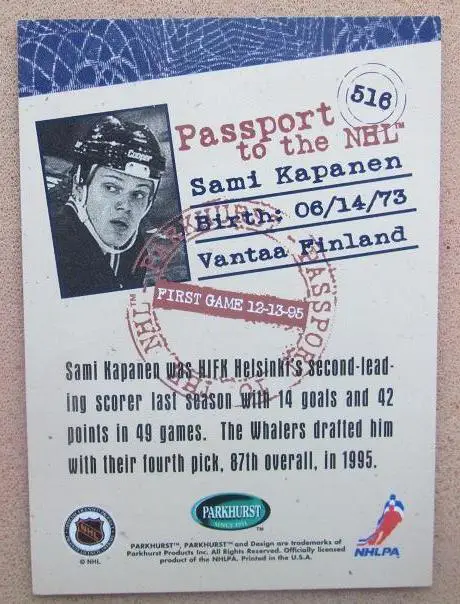 НХЛ Сами Капанен Хартфорд Уэйлерс № 516 1