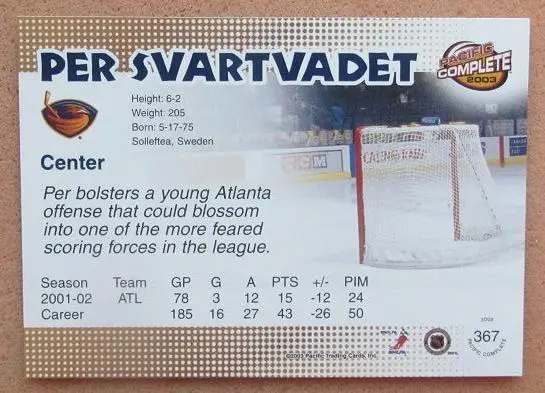НХЛ Пер Свартвадет Атланта Трэйшерз № 367 1