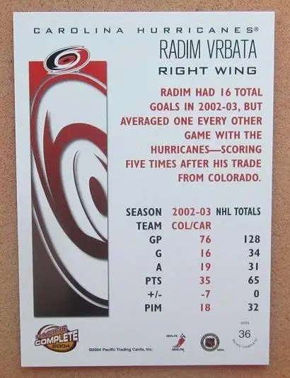 НХЛ Радим Врбата Каролина Харрикейнз № 36 1