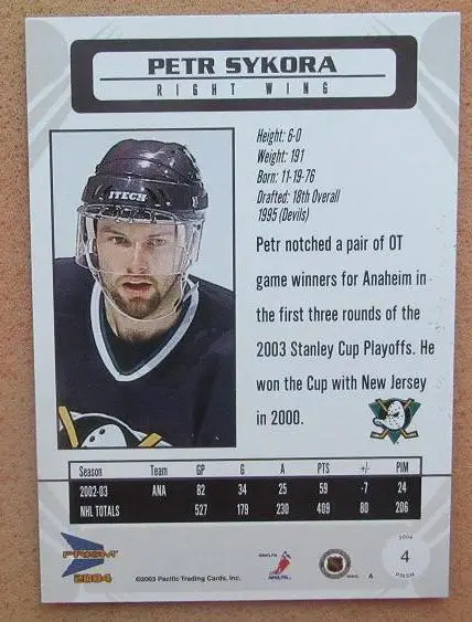НХЛ Петр Сикора Анахайм Майти Дакс № 4 1