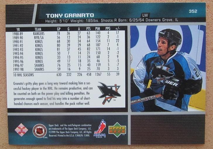 НХЛ Тони Гранато Сан-Хосе Шаркс № 352 1