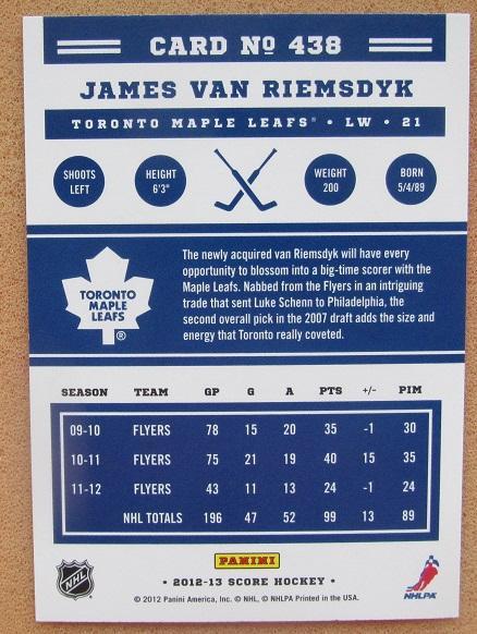 НХЛ Джеймс Ван Римсдайк Торонто Мэйпл Лифс № 438 1