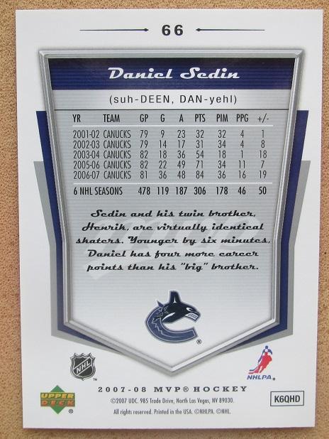 НХЛ Даниэль Седин Ванкувер Кэнакс № 66 автограф 1