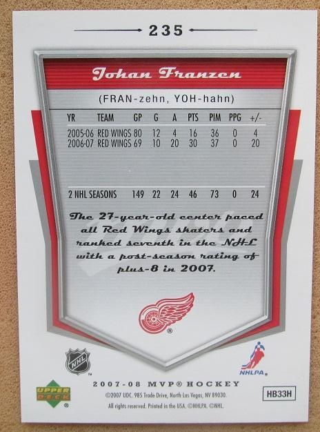 НХЛ Юхан Франзен Детройт Ред Уингз № 235 автограф 1