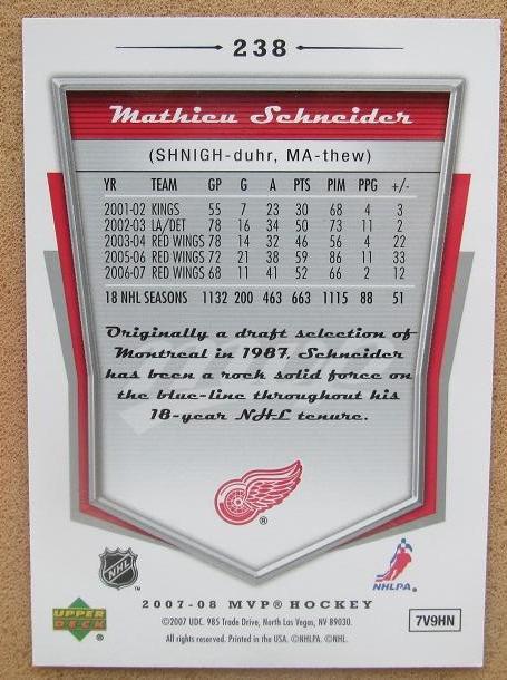 НХЛ Мэтью Шнайдер Детройт Ред Уингз № 238 автограф 1