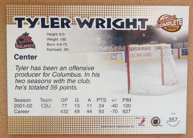 НХЛ Тайлер Райт Коламбус Блю Джекетс № 357 1