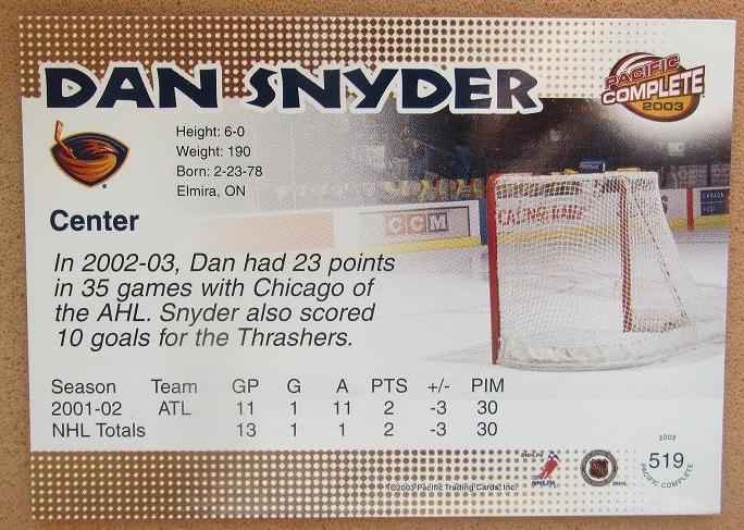 НХЛ Дэн Шнайдер Атланта Трэйшерз № 519 1