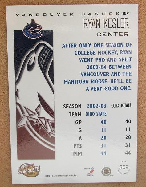 НХЛ Райан Кеслер Ванкувер Кэнакс № 509 1