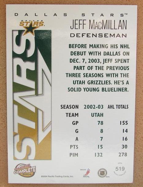 НХЛ Джефф Макмиллан Даллас Старз № 519 1