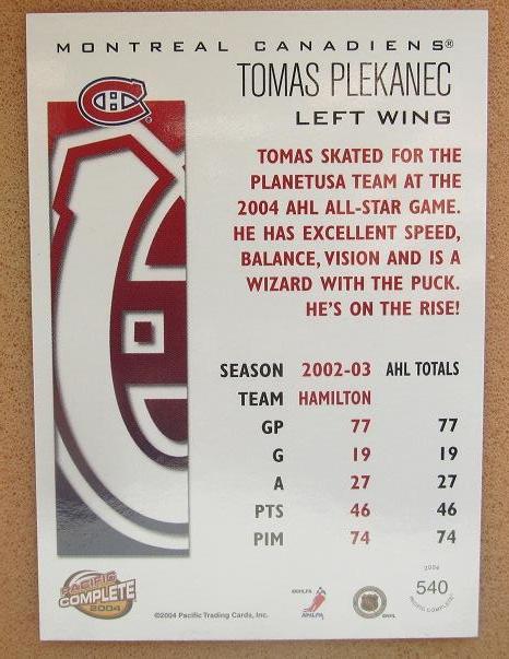 НХЛ Томаш Плеканец Монреаль Канадиенс № 540 1