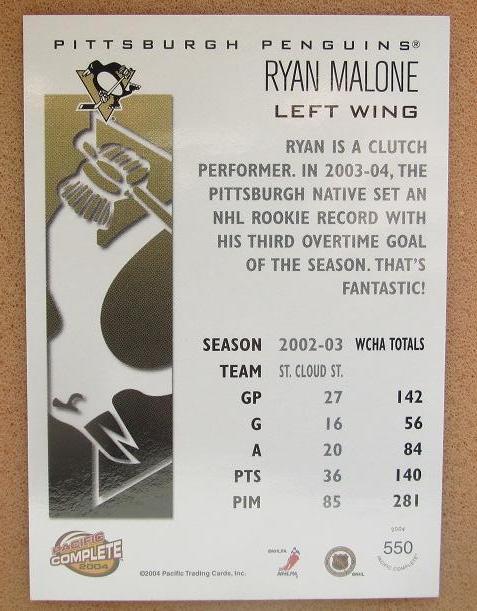 НХЛ Райан Мэлоун Питтсбург Пингвинз № 550 1