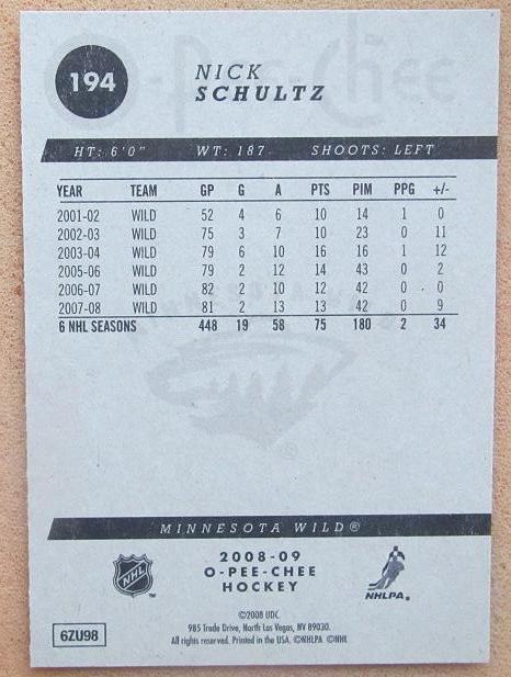 НХЛ Ник Шульц Миннесота Уайлд № 194 1