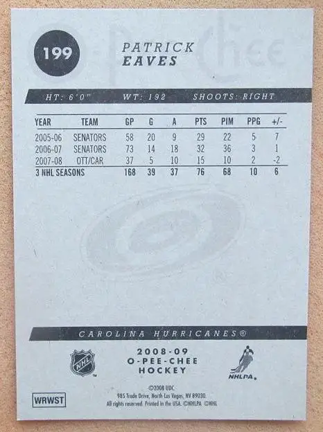 НХЛ Патрик Ивз Каролина Харрикейнз № 199 1