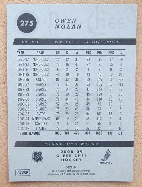 НХЛ Оуэн Нолан Миннесота Уайлд № 275 1