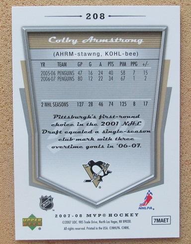 НХЛ Колби Армстронг Питтсбург Пингвинз № 208 автограф 1