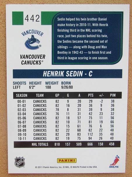 НХЛ Хенрик Седин Ванкувер Кэнакс № 442 1