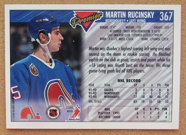 НХЛ Мартин Ручинский Квебек Нордикс № 367 1