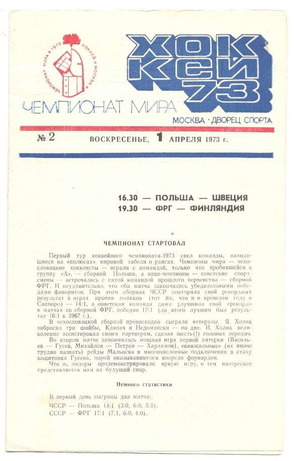 чемпионат мира Польша Швеция ФРГ Финляндия 01.04.1973 Москва