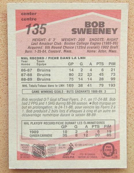 НХЛ Боб Суини Бостон Брюинз № 135 1