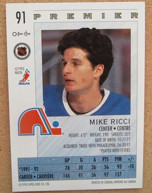 НХЛ Майк Риччи Квебек Нордикс № 91 1