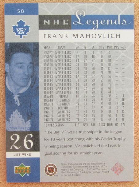 НХЛ Фрэнк Маховлич Торонто Мэйпл Лифс № 58 1