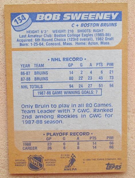 НХЛ Боб Суини Бостон Брюинз № 134 1