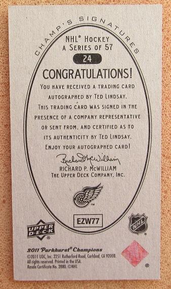 НХЛ Тед Линдсей Детройт Ред Уингз № 24 автограф 1