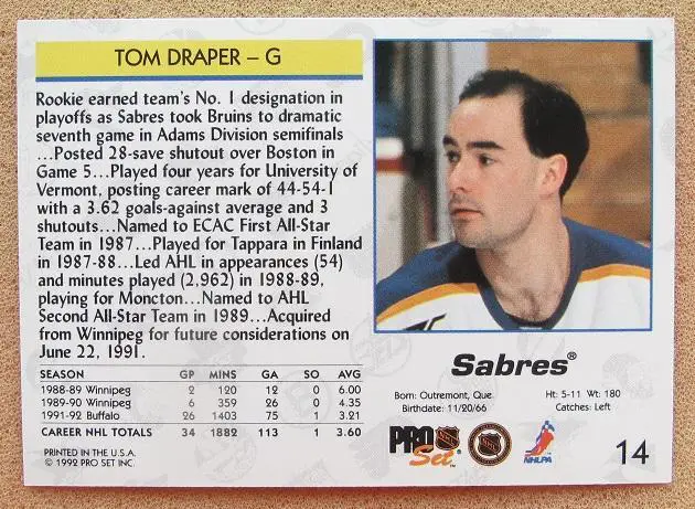 НХЛ Том Драпер Баффало Сейбрз № 14 1