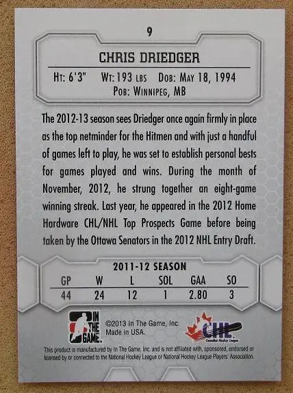 НХЛ Крис Дригер Калгари Хитмен № 9 1