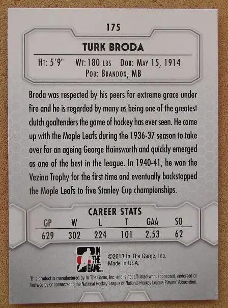 НХЛ Турк Брода Торонто Мэйпл Лифс № 175 1