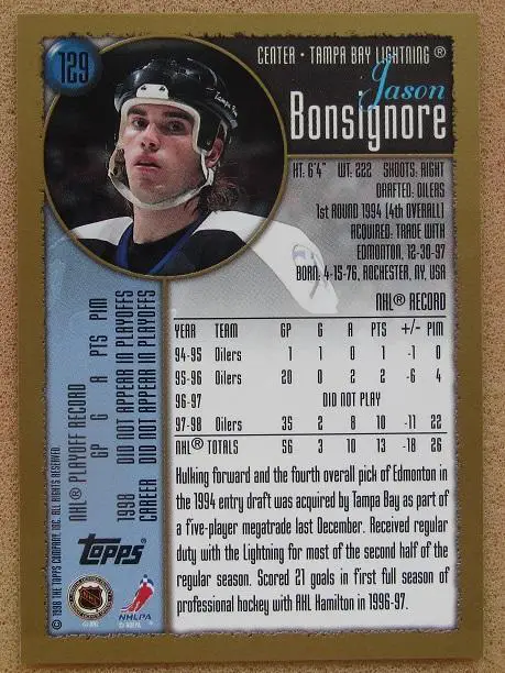 НХЛ Джейсон Бонсиньоре Тампа Бэй Лайтнинг № 129 1