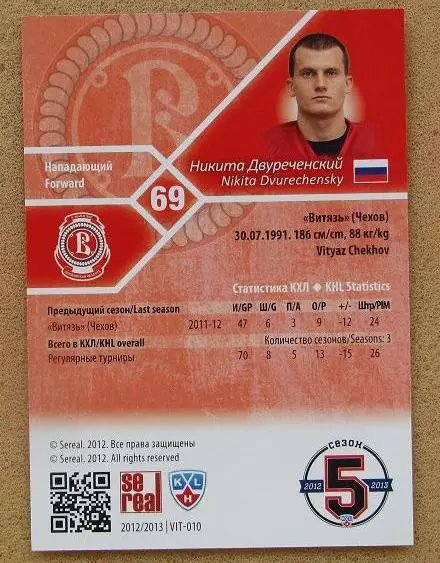 КХЛ Никита Двуреченский Витязь Московская область № VIT-010 1