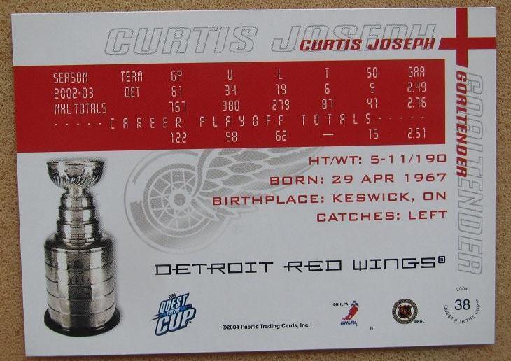 НХЛ Куртис Джозеф Детройт Ред Уингз № 38 1