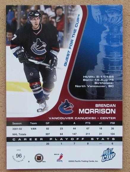НХЛ Брендон Моррисон Ванкувер Кэнакс № 96 1