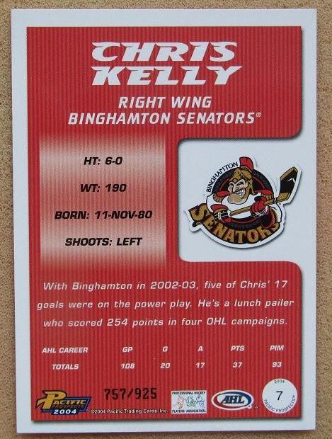 НХЛ Крис Келли Бингхэмтон Сенаторз № 7 1