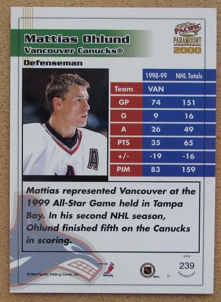 НХЛ Матиас Олунд Ванкувер Кэнакс № 239 1