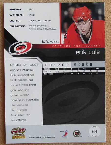 НХЛ Эрик Коул Каролина Харрикейнз № 64 1