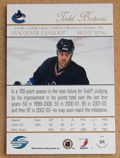 НХЛ Тод Бертуцци Ванкувер Кэнакс № 94 1