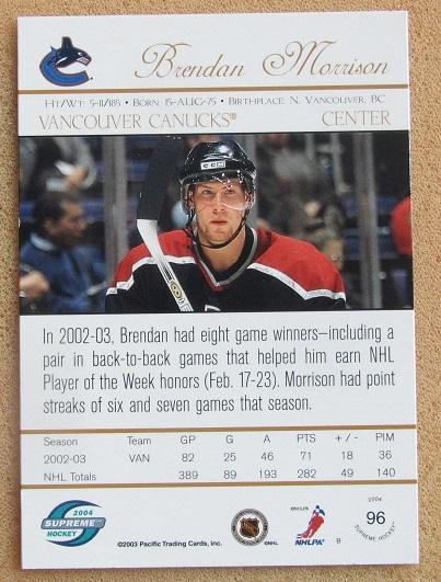 НХЛ Брендон Моррисон Ванкувер Кэнакс № 96 1