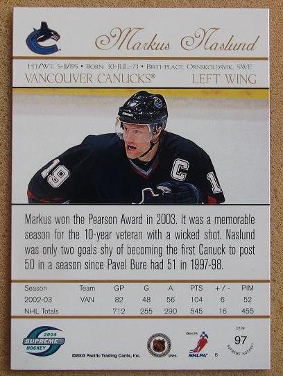 НХЛ Маркус Нэслунд Ванкувер Кэнакс № 97 1