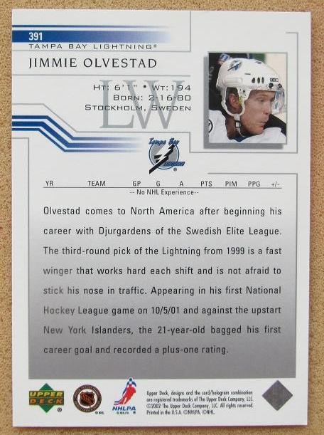 НХЛ Джимми Олвестад Тампа Бэй Лайтнинг № 391 1