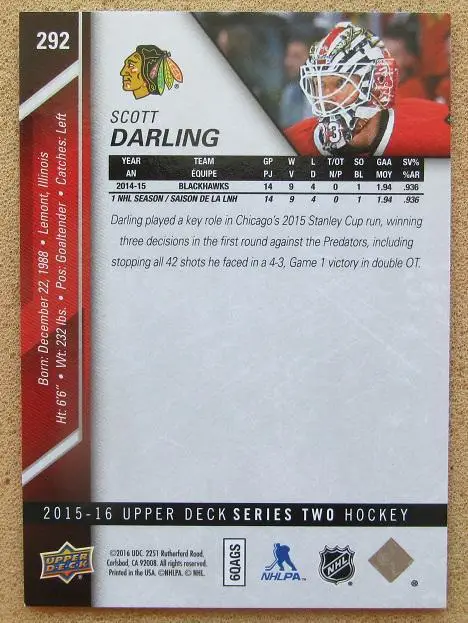 НХЛ Скотт Дарлинг Чикаго Блэкхокс № 292 1