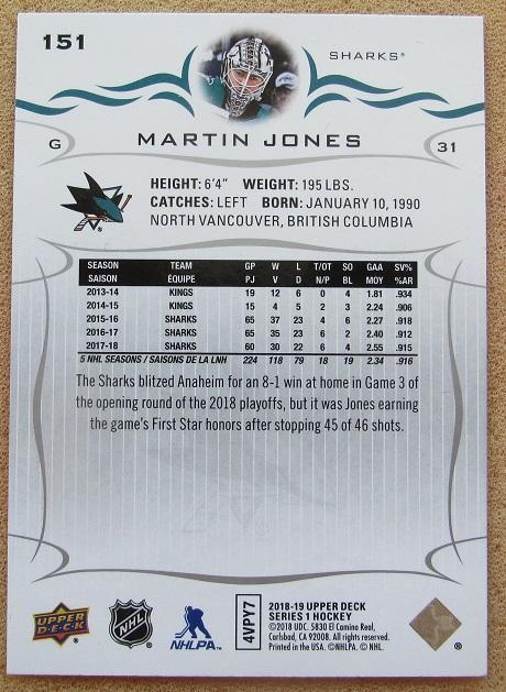 НХЛ Мартин Джонс Сан-Хосе Шаркс № 151 1