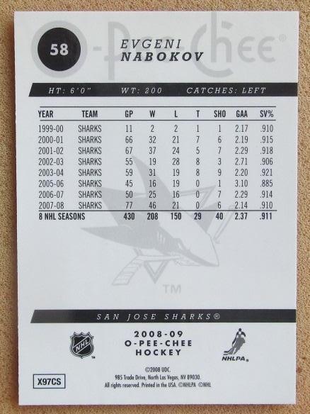 НХЛ Евгений Набоков Сан-Хосе Шаркс Динамо Москва Магнитогорск Санкт-Петербург 58 1