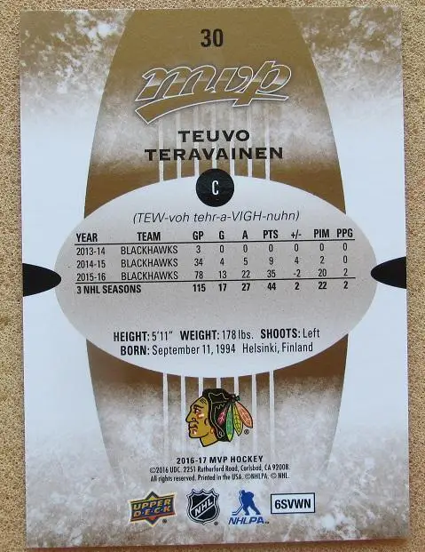НХЛ Теуво Терявяйнен Чикаго Блэкхокс № 30 1