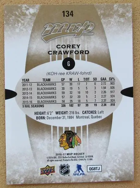 НХЛ Кори Кроуфорд Чикаго Блэкхокс № 134 1