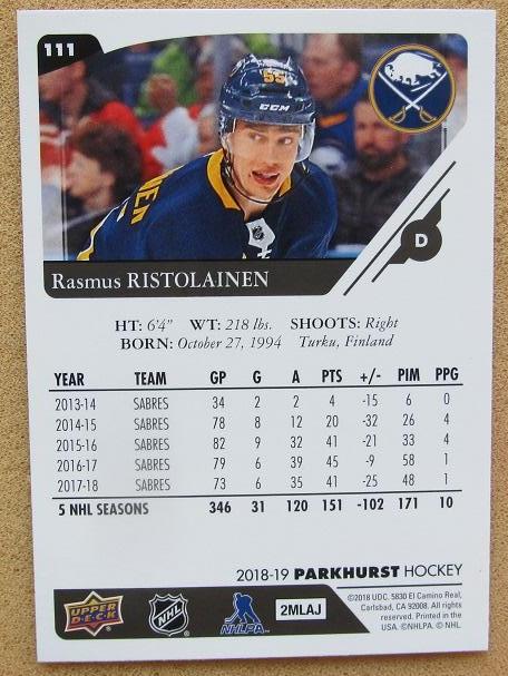 НХЛ Расмус Ристолайнен Баффало Сейбрз № 111 1