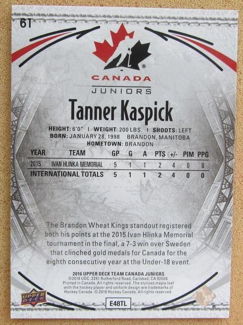НХЛ Таннер Каспик Канада № 61 1